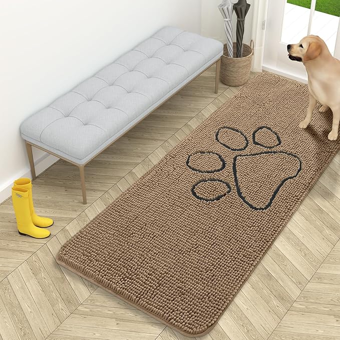 OLANLY Dog Door Mat for Muddy Paws 59x24, Paw Print Design, Absorbs Moisture and Dirt, Absorbent Non-Slip Washable Doormat, Quick Dry Chenille Mud Mat for Dogs, Entry Indoor Entryway Carpet, Tan