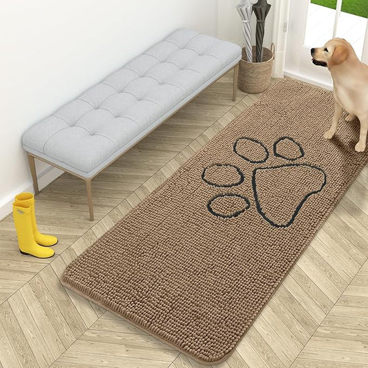 OLANLY Dog Door Mat for Muddy Paws 59x24, Paw Print Design, Absorbs Moisture and Dirt, Absorbent Non-Slip Washable Doormat, Quick Dry Chenille Mud Mat for Dogs, Entry Indoor Entryway Carpet, Tan