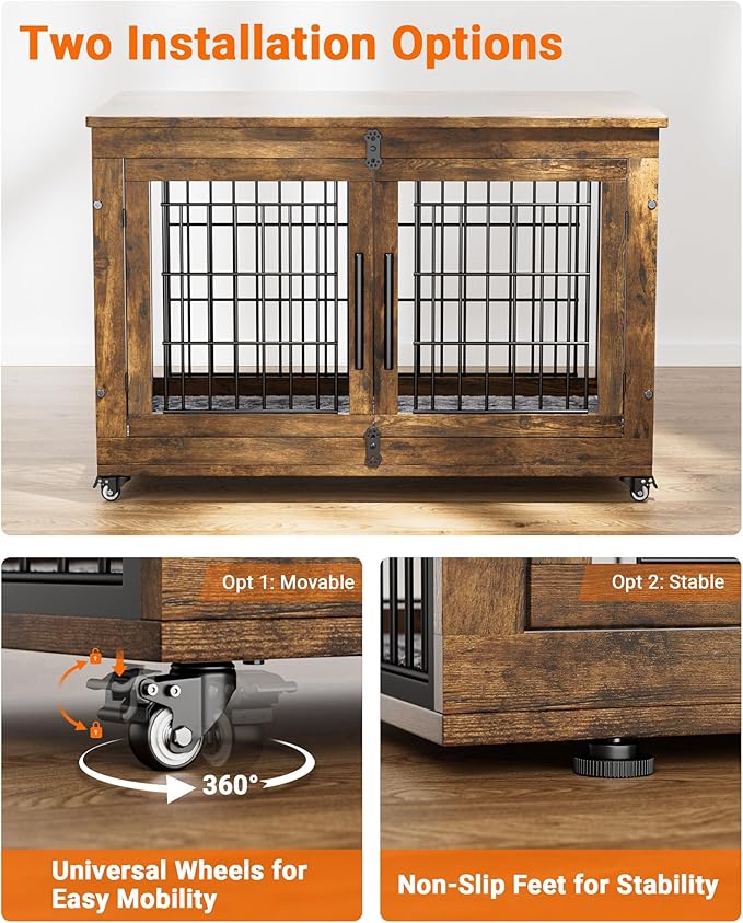 Dog Crate Furniture with Cushion, Large Wooden Dog Kennel Indoor with Double Doors, Dog Cage with Wheels, Dog House Side End Table for Large Medium Dogs up to 70 lb, 38.5” L, Rustic Brown
