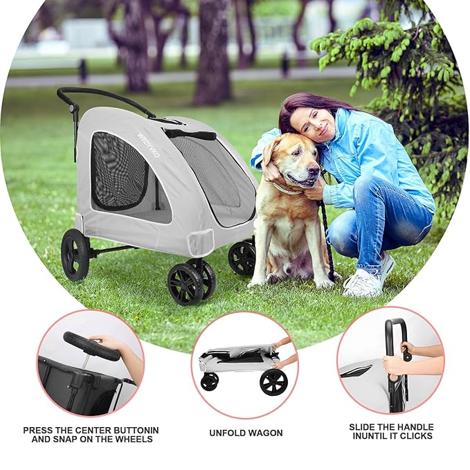 Dog Stroller with 4 Wheels, Folding Cat Strolling for Small/Medium/Large Dogs & Cats to 120 lbs, pet Stroller with Removable Carrier, Storage Basket,Cup Holder (Gray)