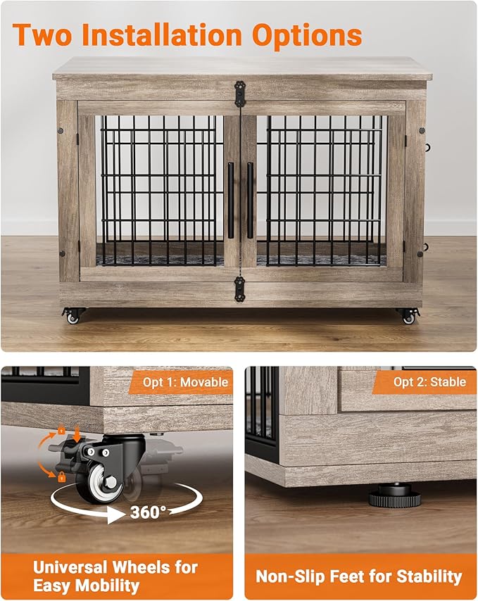 Dog Crate Furniture with Cushion, Large Wooden Dog Kennel Indoor with Double Doors, Dog Cage with Wheels, Dog House Side End Table for Large Medium Dogs up to 70 lb, 38.5” L, Grey