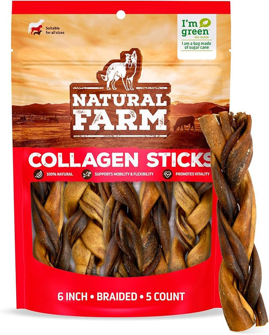 Natural Farm Braided Collagen Chews for Dogs (6 Inch, 5 Pack), Collagen Sticks, Natural Dog Chews, Long Lasting, for Small, Medium and Large Dogs, Odor-Free, Rawhide Alternative