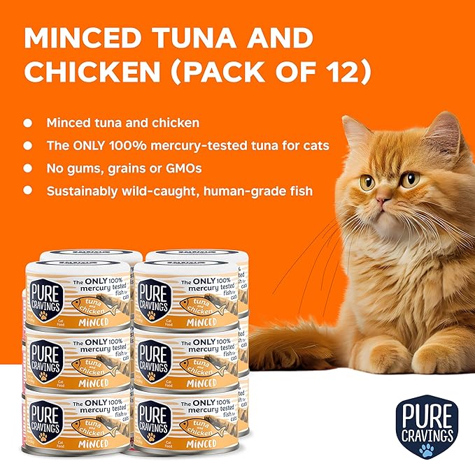 Pure Cravings Minced Tuna and Chicken Wet Canned Cat Food, 100% Mercury-Tested, Moist Can Fish for Cats, Grain-Free, Protein, Non-GMO, 3oz, Pack of 12