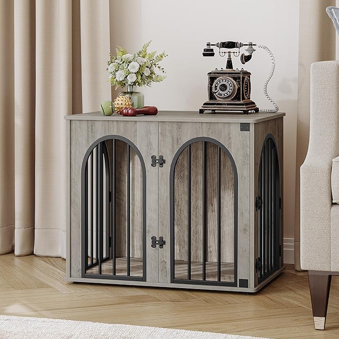 26.8'' Wooden Dog Crate Furniture, Indoor Dog Kennel Dogs Cage for Small Dogs, Heavy Duty Dog Crates Decorative Pet House End Side Table TV Stand, Greige DFC85505B