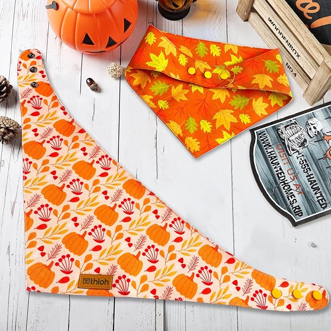 Fall Dog Bandanas - 2 Pack Thanksgiving Dog Bandana with Snap Button | Reversible Pumpkin Pet Scarf for Boy & Girl | Premium Durable Fabric | Holiday Bandana for Medium and Large Dogs (Large)