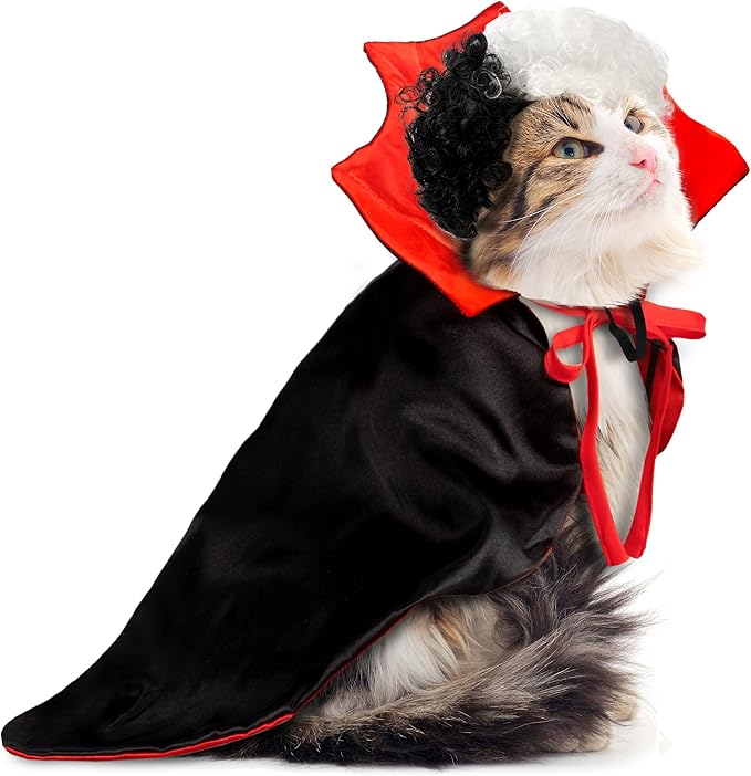 Halloween Cat Costume,Reversible Cape and Wig Set for Cats Dogs, Adjustable Red Black Witch Vampire Cruella Style Pet Outfit with Neck Strap