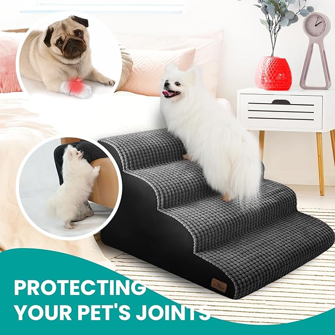 Dog Stairs for Small Dogs, 20.5" H 4 Step Curved Dog Ramp for High Bed and Couch, Foam Dog Ramp with Durable Non-Slip Waterproof Fabric Cover, Pet Stairs for Pets Joints, Grey