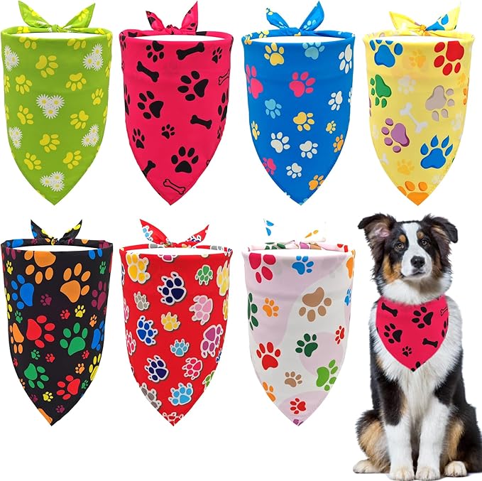 7 PCS Paw Print Dog Bandanas for Large Dog Breed 33 Inch Sewing Hemming Dogs Bandana XL Drool Bibs Party Grooming L