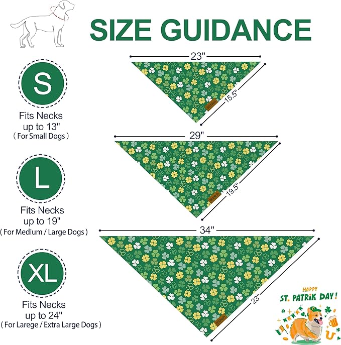 St. Patrick's Day Dog Bandana - 2 Pack Triangle Shamrock Dog Bandanas for Boys & Girls, Reversible Leprechaun Pet Scarf, Irish Holiday Bandana for Large & Extra Large Dogs (X-Large)