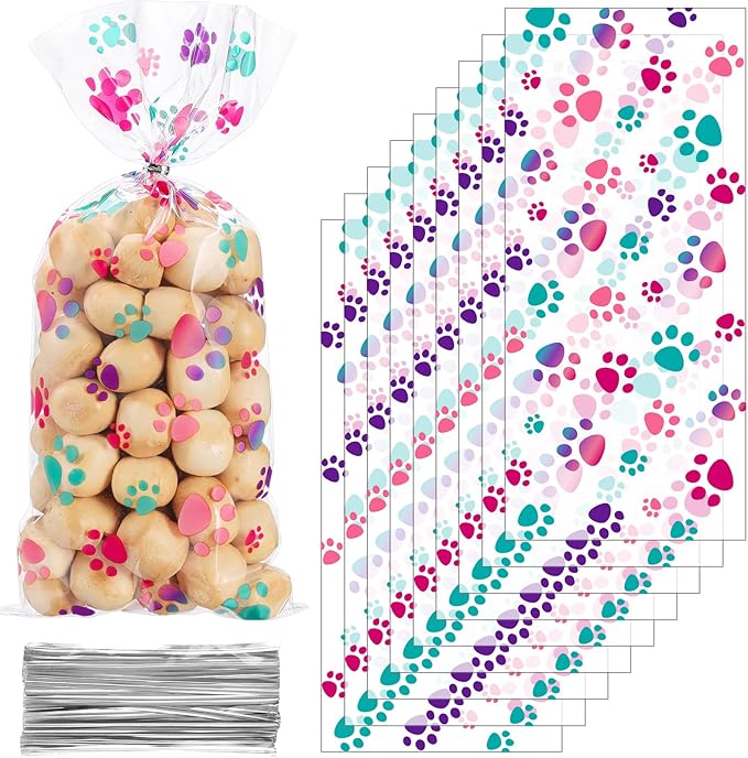 Blulu 100 Pieces Dog Treat Bags Puppy Party Favor Pet Paw Cone Cellophane Bags Candy Heat SealableDog Paw Gift with 100 Pieces Silver Twist Ties for Pet Cat Treat Party Favor(Pink and Purple)