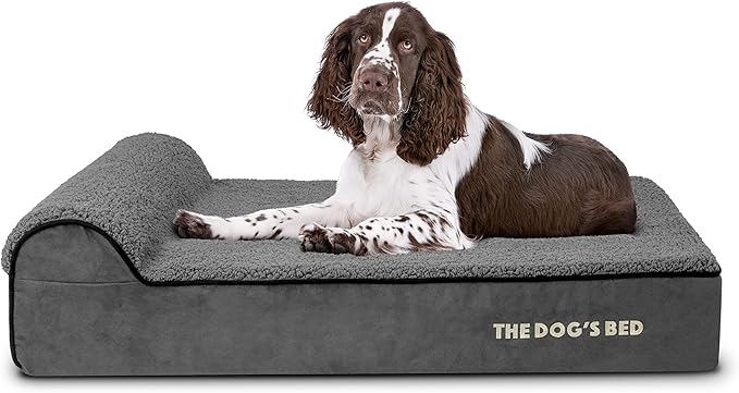 The Dog’s Bed Orthopedic Headrest Dog Bed Large Grey Plush, Memory Foam, Pain Relief for Arthritis, Hip & Elbow Dysplasia, Post Surgery, Lameness, Waterproof Washable Cover