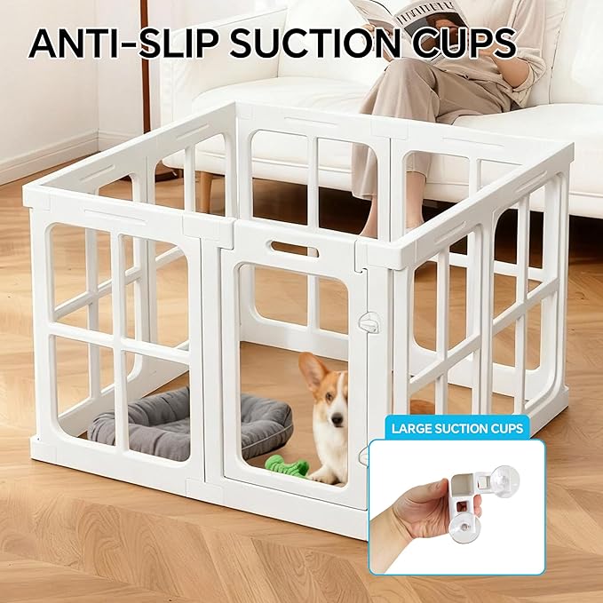 Clear Dog Playpen Indoor, 24" Acrylic Plastic Pet Play Pen with Door, Playpen for Puppy Cat Rabbit Ferret, Easy to Install Preferable Playpen for Small Dogs, Customizable, White 8 PCS