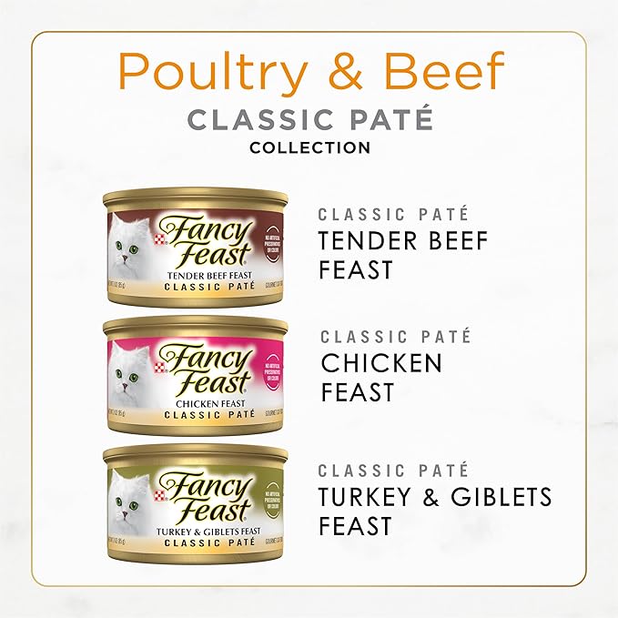 Fancy Feast Poultry and Beef Feast Classic Pate Collection Grain Free Wet Cat Food Variety Pack - (Pack of 24) 3 oz. Cans