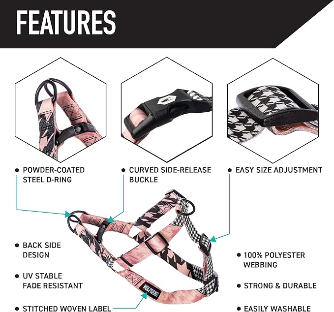 Wolfgang Heavy Duty Adjustable Dog Harness, Pull-Tested to Over 800 lbs for Walking & Training, HoundsPink Print, Small