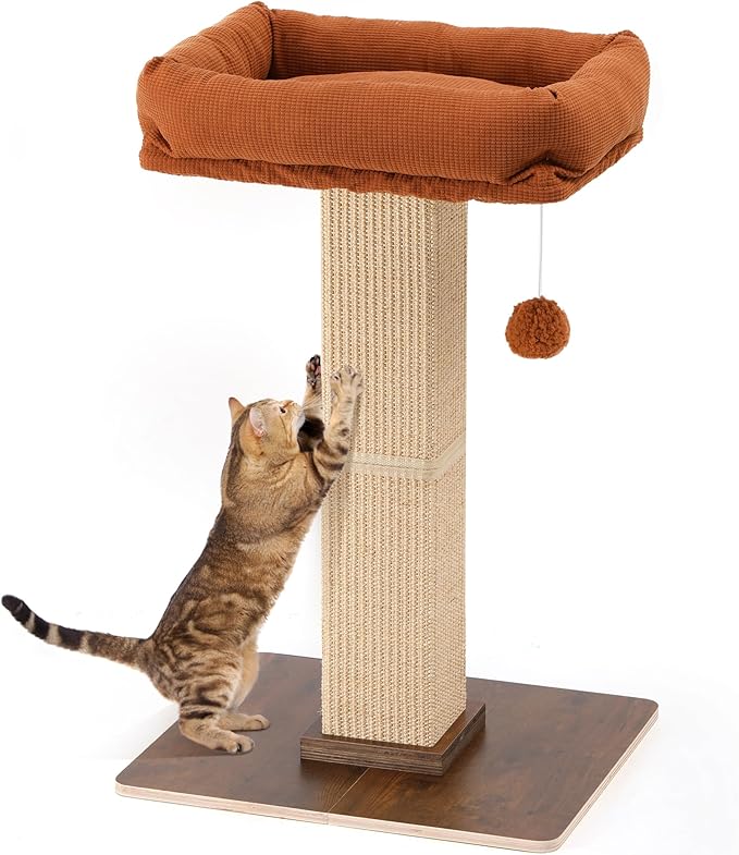 FUKUMARU Cat Scratching Post, Retro-Style Tall Scratch Posts with Perch for Infoor Cats Adults, Large Cat Scratcher Tower with Bed, Natural Sisal & Solid Wood