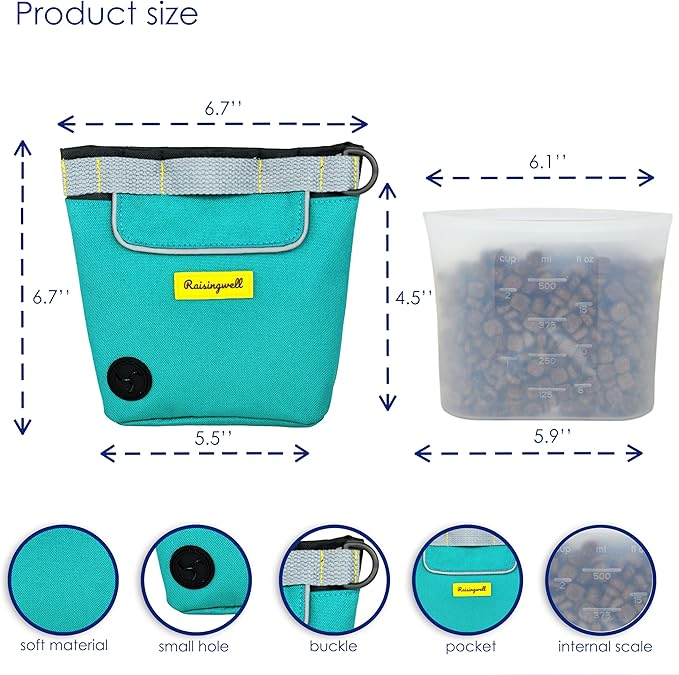 Dog Treat Pouch for Pet Walking and Training with Clicker 2 Cup Silicone Bag Small Fanny Pack Holder for Puppy Snack Dispenser Kit for Leash and Outdoor Use (Green)