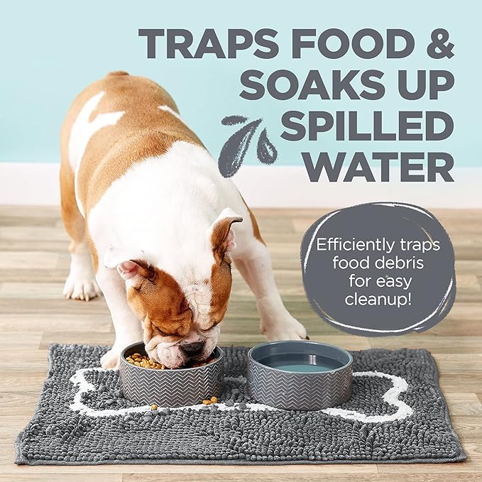 Soggy Doggy Slopmat - Water Absorbing Door Mat for Food and Water - Microfiber Chenille Rug for Muddy Paws and Messy Eaters - Machine Washable (Gray/Light Gray Bone, 18” x 24″)