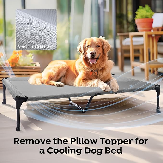 Veehoo Cooling Elevated Dog Bed Add Removable Waterproof Bolster Cushion Mat, Raised Pet Cot with Breathable Teslin Mesh, No-Slip Feet, Dog Couch Bed for Indoor Outdoor, 59x37.5inches, Grey, CWC2331B