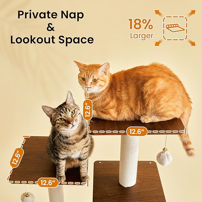 Large Modern Cat Tree - 70 inch Tall Cat Tower for Indoor Cats, Multi-Level Cat Condo with 7 Fully Wrapped Scratching Posts,2 Spacious Perches, Hammock, Cozy Pad & Dangling Balls-Walnut Brown
