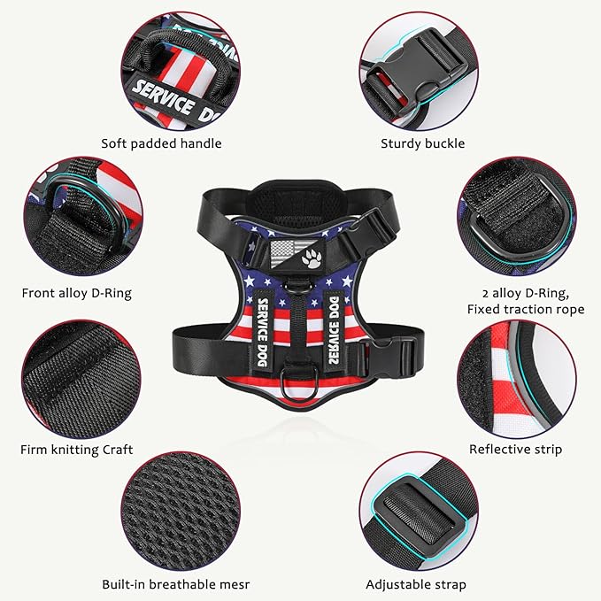 Demigreat Service Dog Harness, Reflective Dog Vest Harness with 5 PCS Patches, Adjustable Soft Oxford Pet Harness, Inner Layer Mesh, Easy to Control for Dogs (USFLAG, Large (Pack of 1))