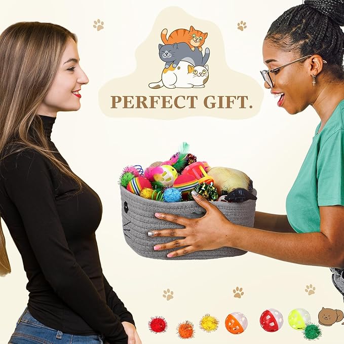 Zopeal 58 Pcs Cat Storage Basket Gift Toys Set, Colorful Flashing Balls Pet Bell Crinkle Balls Spring Toys Attract Cat to Swat, Bite, Hunt, Interactive for Pet(Grey,9.8 Inch)