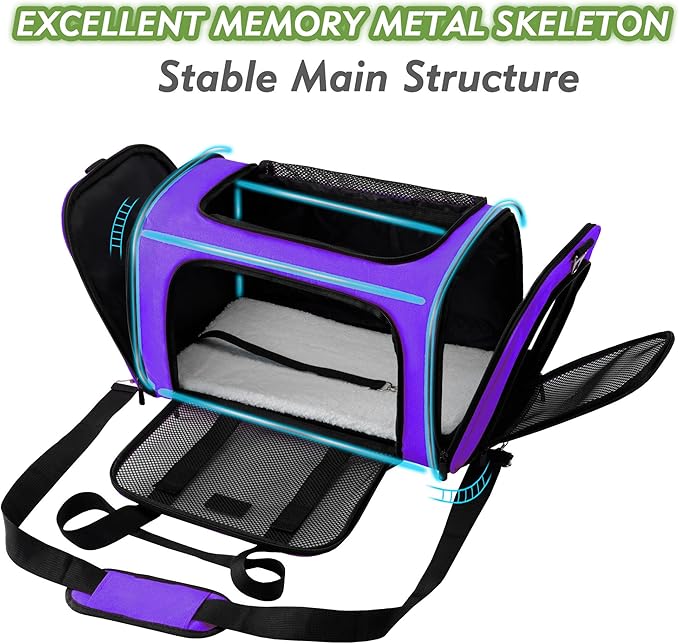 Soundy Large Cat Carrier Dog Carrier Under 25 Lbs,Collapsible Ventilated Portable Pet Bag with Soft Sided Breathable Mesh for Long Car Trips Maxi Load 2 Kittens or Small, Medium Dog (Large Purple)