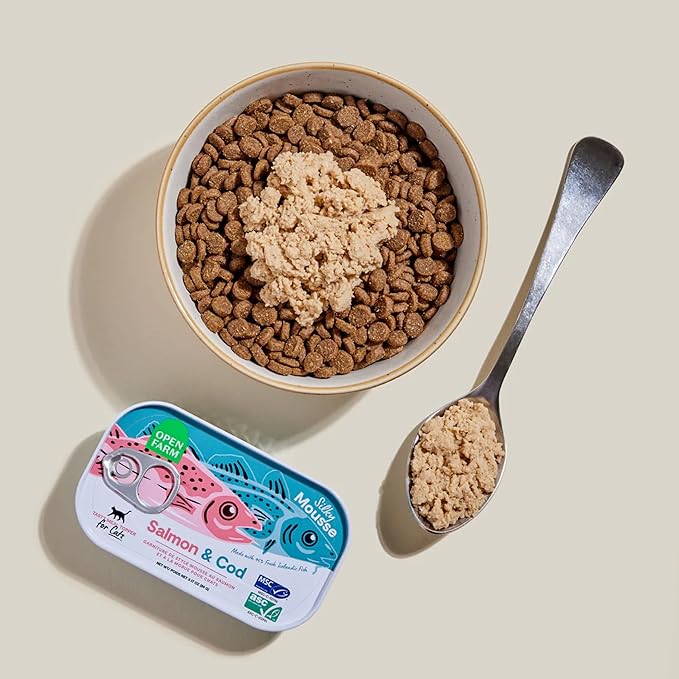 Open Farm, Canned Cat Food Topper, Silky Mousse Made with 95% Responsibly Sourced Icelandic Fish, Grain & Legume Free, Salmon & Cod Recipe, 3.17oz Cans (Pack of 17)