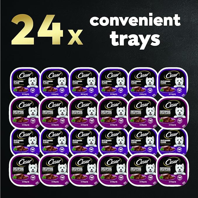 Cesar Wet Dog Food Classic Loaf in Sauce Filet Mignon and Porterhouse Steak Flavors Variety Pack, 3.5 oz. Easy Peel Trays (12 Count, Pack of 2)