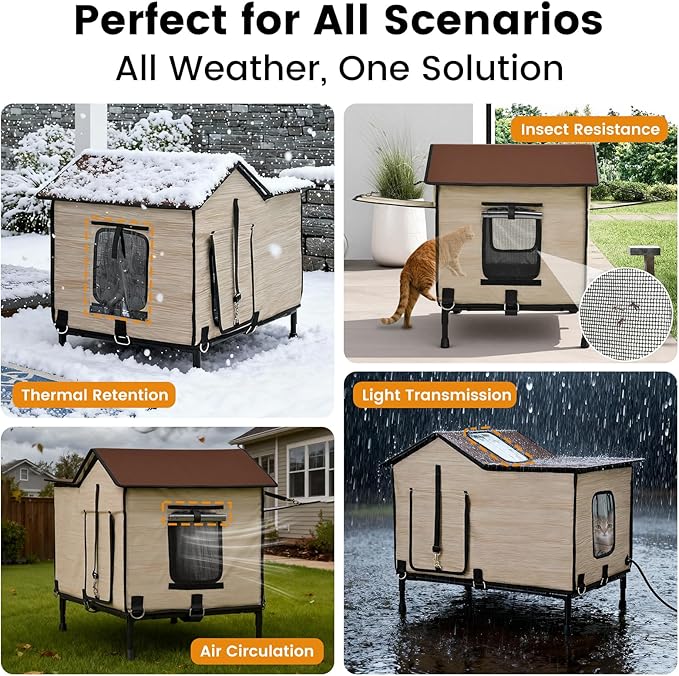 Heated Cat House for Outside in Winter, Weatherproof & Insulated Large Cat Shelter with Heated Cat Bed and 2 Safe Escape Doors for Multiple Stray/Feral Cats(Wood-Grain, 27.6"x19.3"x21.3")