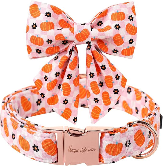 Unique Style Paws Halloween Day Dog Collar with Bowtie Pink Pumpkin Cotton Dog Collars for Small Medium Large Dogs