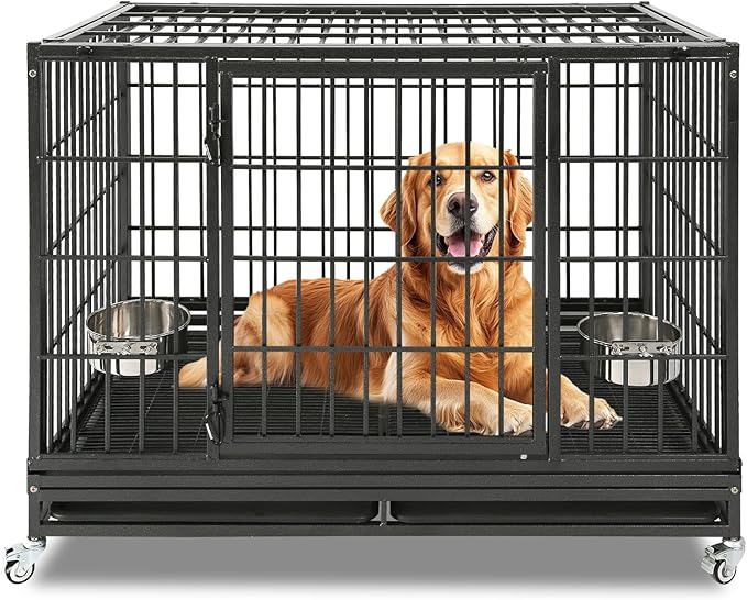 Homey Pet 48 Inch Heavy Duty Dog Crate for Large Dogs, Stackable & Indestructible Dog Cage for High Anxiety Dogs with Four Lockable Wheels, Two Removable Trays, Escape Proof Dog Kennel Indoor