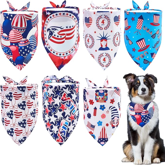4th of July Dog Bandanas for Large Dogs 7 Pcs Sewing Hemming Patriotic Dog Bandanas Independence Day American Flag Day Dogs Drool Bibs Grooming L