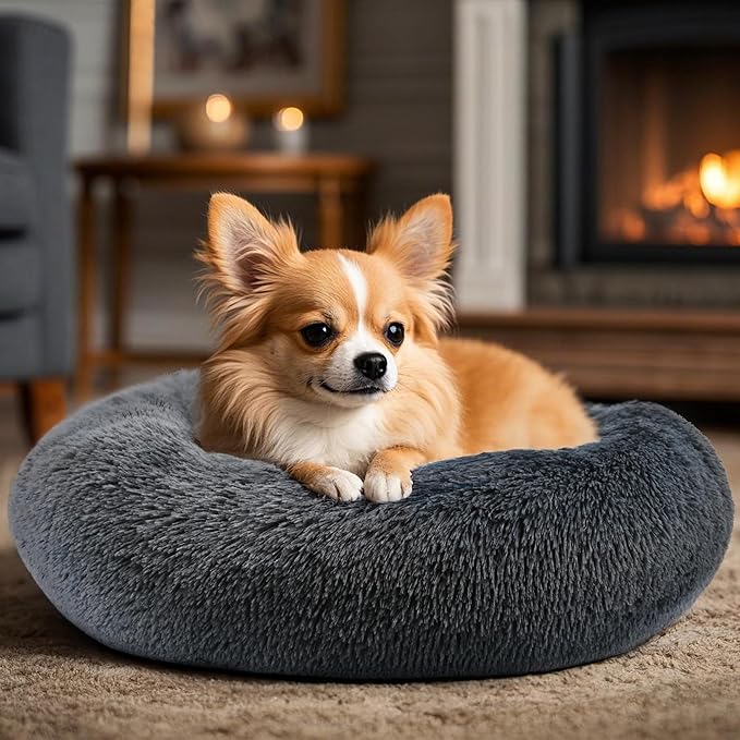 Dogs Bed for Small Dogs, Anti-Anxiety Washable Round Bed (Dark Grey, 24.0" L x 24.0" W x 8.0" Th)