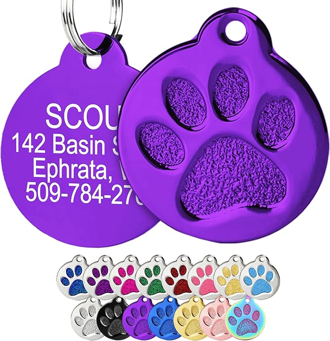 GoTags Paw Print Round Stainless Steel Pet Tag for Dogs and Cats, Personalized with 4 Lines of Custom Engraved ID Name and Number, in Stainless Steel and 15 Colors Small and Large, Purple