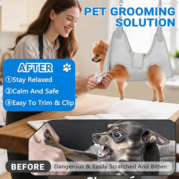 Supet Dog Grooming Hammock for Small Dogs, Dog Hanging Harness for Nail Trimming Doorframe, Pet Holder Restraint for Clipping Nails, Pet Hoist Sling for Cutting Nails at Home (Grey 2XS)