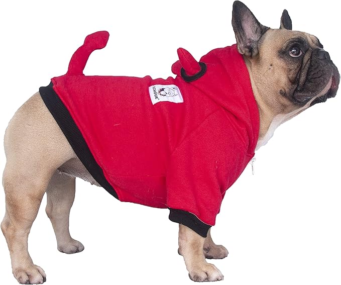 iChoue Little Devil Dog Halloween Costumes Clothes Sweater Cute Funny for English Bulldog Cold Weather Winter Coats Hoodies Frenchie - Red, Large Plus