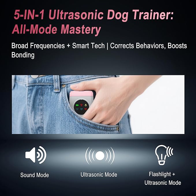 Dog Bark Deterrent Device-2X High-Power Emitters | Anti Barking with 5 Training Modes, 50ft Range, Shock Collar Alternative, 1500mAh Battery, LED Display, Safe Ultrasonic Bark Shield for Dogs (Pink)