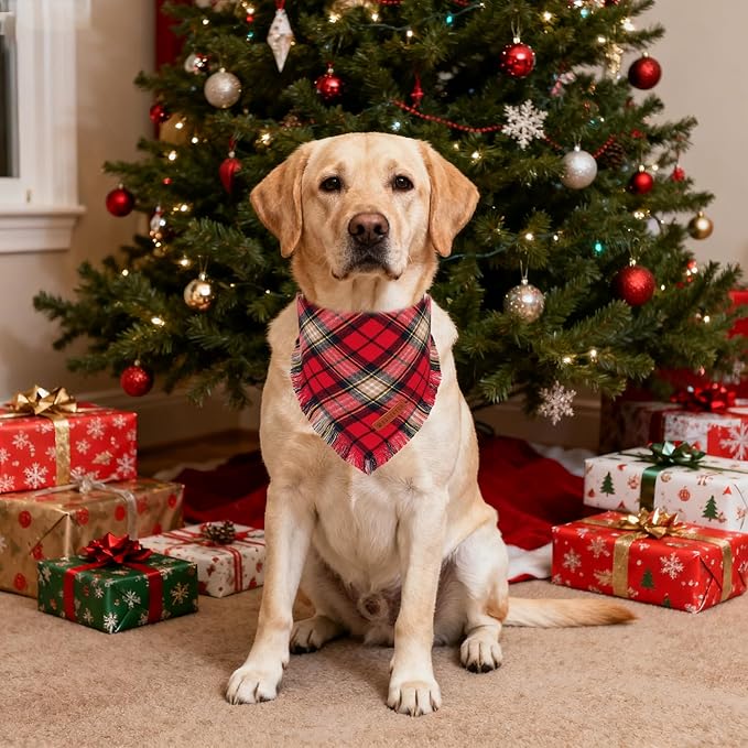 ADOGGYGO Christmas Dog Bandanas with Tassels Edges, Stylish Plaid Xmas Scarf Bib, Red Green Plaid Christmas Bandanas for Extra Large Dogs (X-Large)