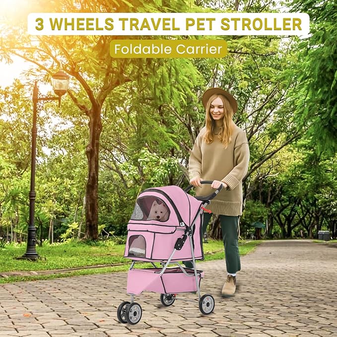 3-Wheels Pet Strolling Cart for Small Medium Dogs and Cats with Storage Basket,Holder, Foldable Pet Stroller with Waterproof Cover, Breathable Mesh for All-Season, Pink