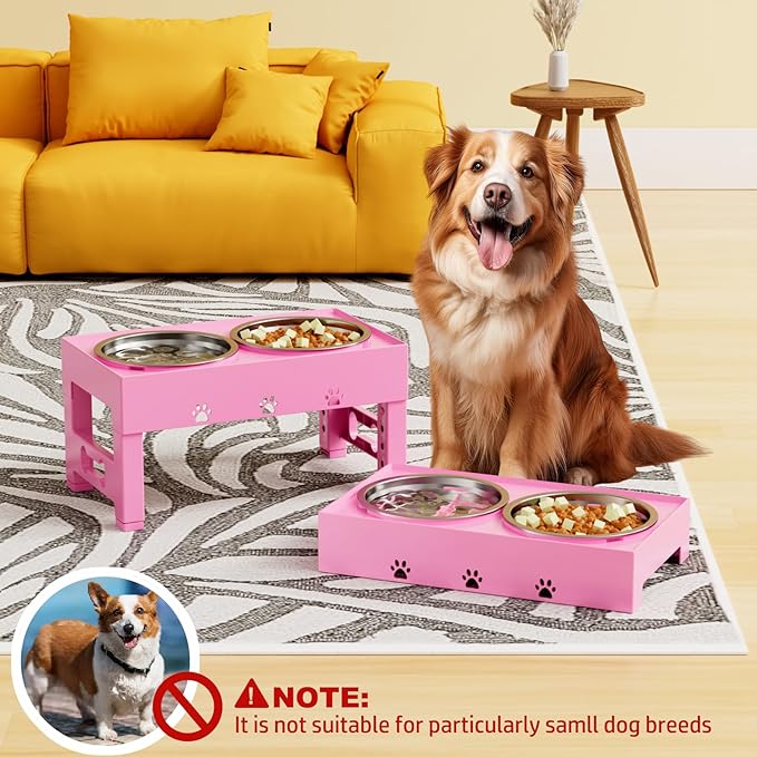 Elevated Dog Bowls with 2 Stainless Steel Bowls, Raised Dog Food Bowl Stand 5 Height Adjustable (3.1", 9", 10", 11", 12") Non-Slip Feeder Set for Medium and Large Dogs - Pink