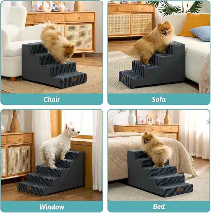 Slope Dog Stairs for Small Dogs 17.7" H, Pet Steps for Bed, Couch with Certified Foam, Non-Slip Dog Ramp Ladder for Puppy Older Cats, 5 Step, Charcoal Grey