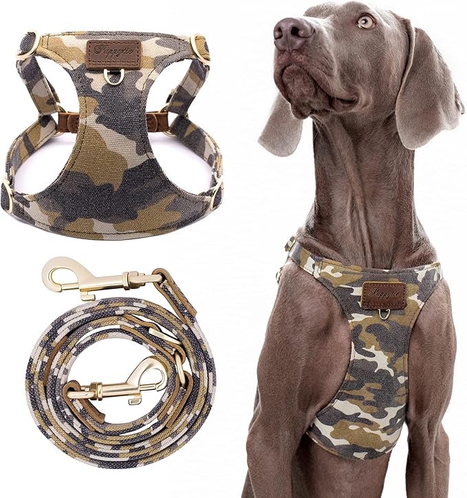 Puppytie Dog Harness & Multi-Function Leash Set for Medium Dogs - Camouflage Brown-L, No Pull Function, Soft Dog Vest Design