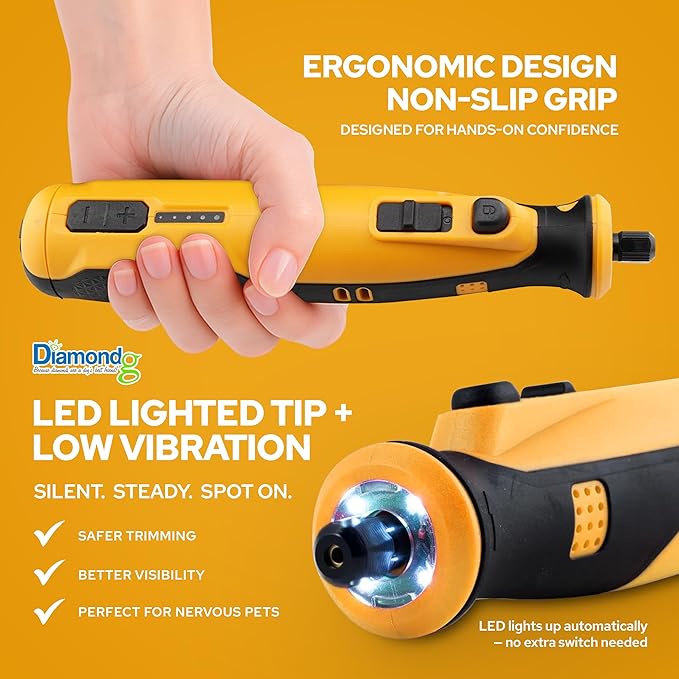 Diamondg Cordless Dog Nail Grinder with Quiet Sound & LED Tip for Large & Small Dogs, 4hrs. Runtime, 2 Bits Included, Orange