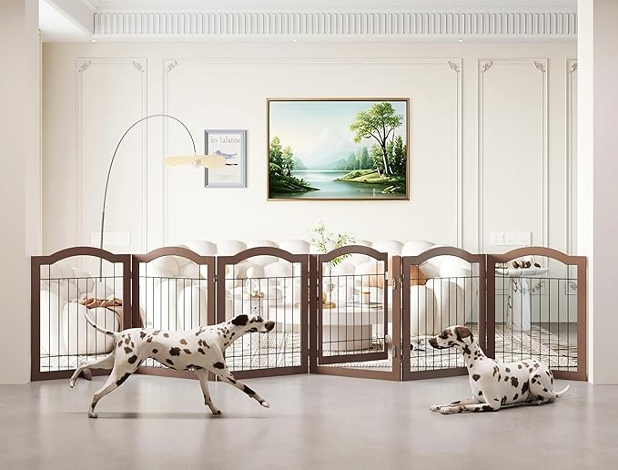 Vantas Folding No-Assembly Dog Door Pet Gate 144" Wide, 30" Tall Wooden Dog Gate with Door Walk Through, Freestanding Wire Pet Gate, Pet Puppy Safety Fence, with 2PCS Support – Espresso