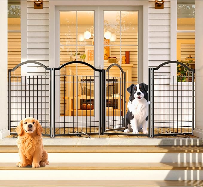 4NM Metal No Drilling Expandable Dog Gate, Extra Wide 96", Extra Tall 32" Free Standing Pet Gate with Door, Gates for Dogs Outdoor or Indoor, with 3PCS Support - Black