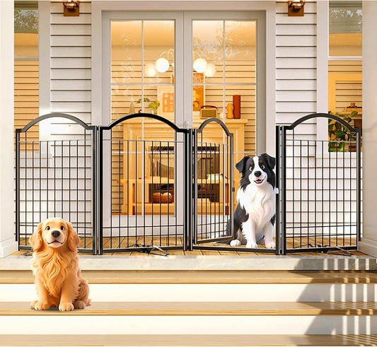4NM Metal No Drilling Expandable Dog Gate, Extra Wide 96", Extra Tall 32" Free Standing Pet Gate with Door, Gates for Dogs Outdoor or Indoor, with 3PCS Support - Black