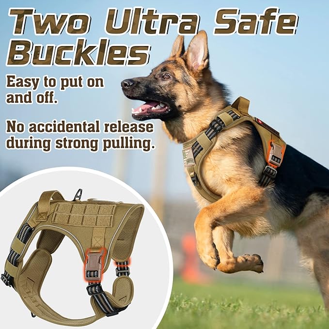 rabbitgoo Tactical Dog Harness Medium Sized Dog, No Pull Military Service Vest with Handle & Molle, Easy Control for Training Walking, Adjustable Reflective Straps, Brown, M