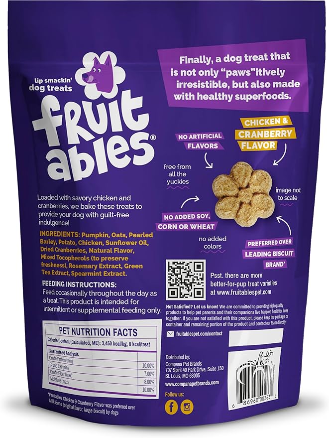 Fruitables Baked Dog Treats, Healthy Pumpkin Treat for Dogs, Low Calorie & Delicious, Free of Wheat, Corn and Soy, Made in The USA, Chicken and Cranberry Flavor, 7 oz