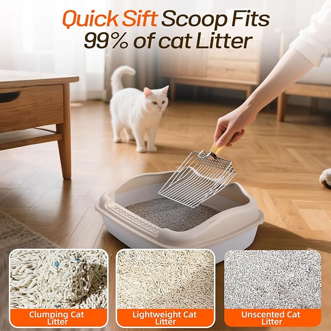 Metal Cat Litter Scoop Kitty Metal Scooper with Hook and Hole, Heavy Duty Stainless Steel Shovel with Wooden Stainless Steel Kitten Poop Lifter for Litter Box(Blue)