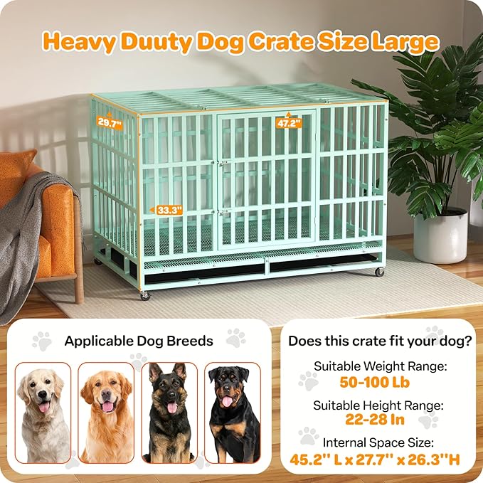 Heavy Duty Indestructible Dog Crate 48 Inch with Removable Tray, Sizes & Colors Optional, Escape Proof Double Door High Anxiety Cage Indoor, Kennel with Wheels for Large Dogs, XL XXL XXL